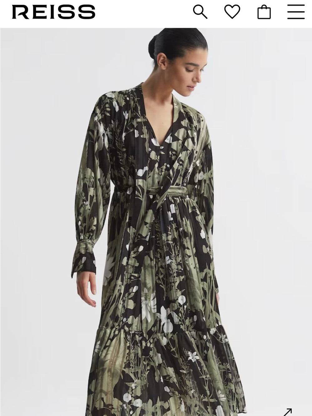 Reiss Lottie Green Floral Tiered Midi Dress